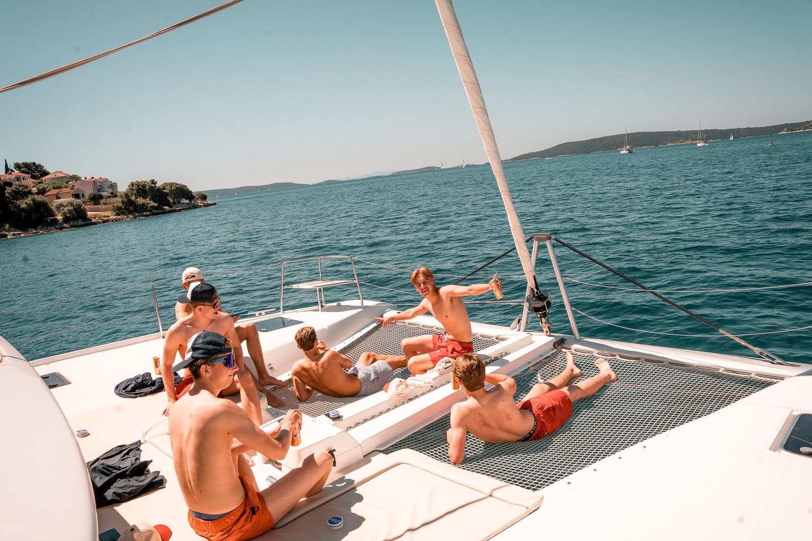 Students on a catamaran off the coast of Split